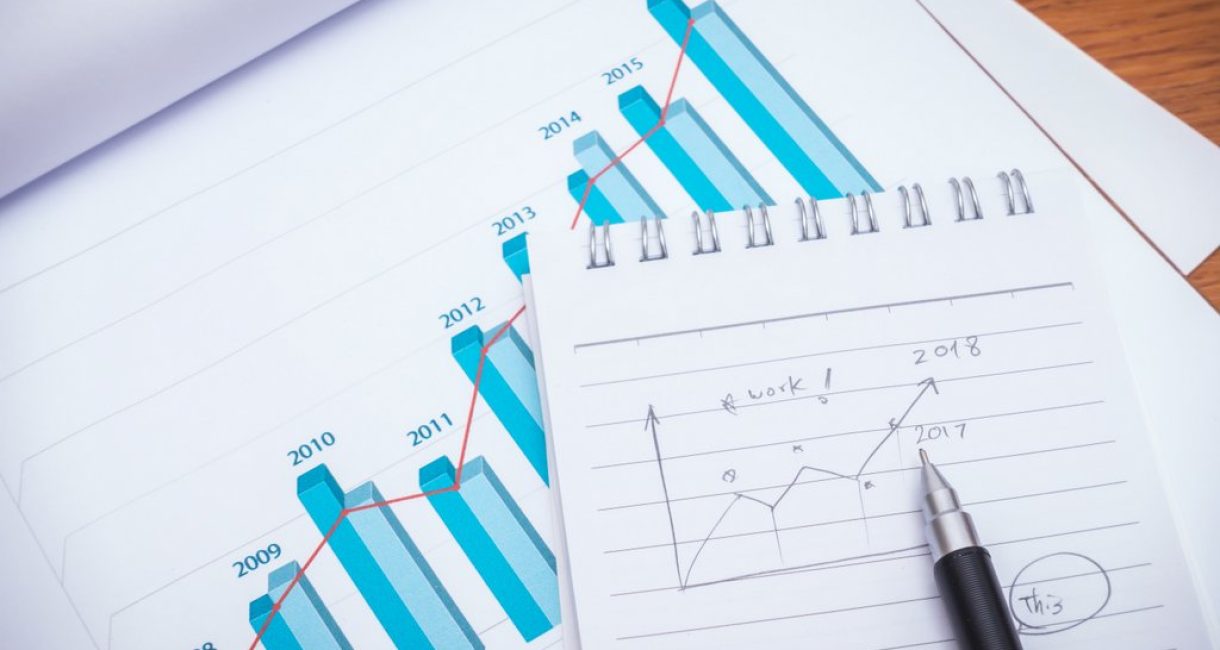 Financial charts with pencil on table